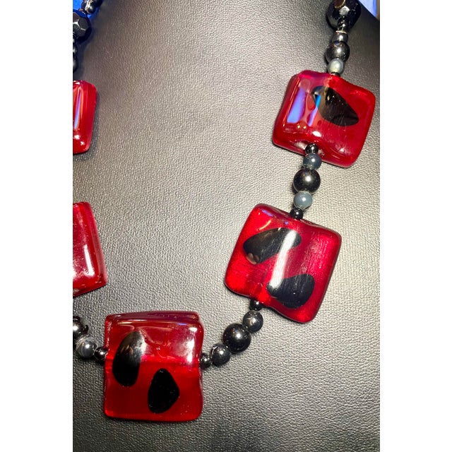 Boho Chic Art Glass Necklace With Ruby Red Square Beads, Black Onyx and Agate With Sterling Silver Clasp. For Sale - Image 3 of 6