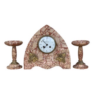 Art Deco Pink Marble Set of Mantle, Desk or Chapel Clock with Bronze Details For Sale