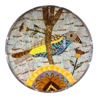 Vintage Brazilian Butterfly Wing Bird Tray Wall Art, Round Lucite and Steel For Sale