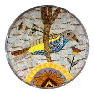 Vintage Brazilian Butterfly Wing Bird Tray Wall Art, Round Lucite and Steel