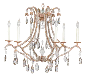 Late 20th Century Six-Light Crystal Chandelier with Scrolling Patinated Iron Arms, USA Wired