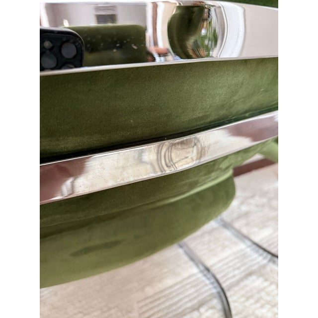 Vintage 1970s Chrome Cantilever Velvet Dining Chairs After Milo Baughman For Sale - Image 11 of 12