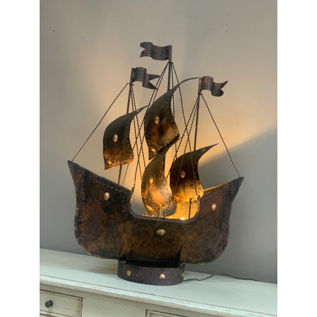 Vintage Brutalist Wrought Metal Pirate Ship Lamp For Sale - Image 4 of 8