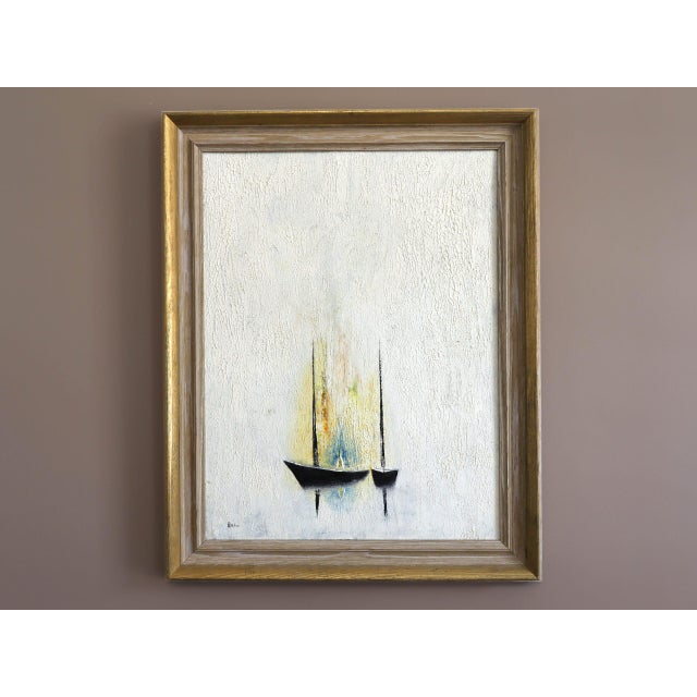 WHERE LIGHT SETTLES Size: 23.4 x 18.9 inches (including frame) Oil on canvas A minimalist and elegant mid-century...