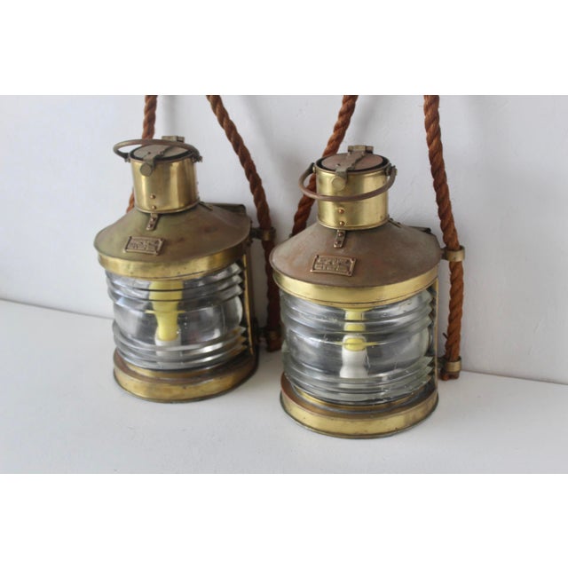 Metal Vintage British Brass Glass Rope Marine Masthead Light Lantern Lamps-a Pair For Sale - Image 7 of 17