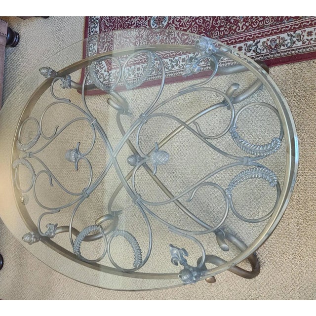 1990a Rustic Hand Wrought Iron & Tempered Glass Large Oval Coffee Table For Sale - Image 4 of 7