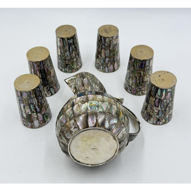 Metal 1960s Mexican Alpaca Silver & Abalone Bird of Paradise Pitcher Set - 7 pcs For Sale - Image 7 of 18