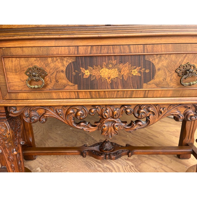 1930s Antique Walnut and Burlwood With Marquetry Hutch Circa 1930 For Sale - Image 5 of 8