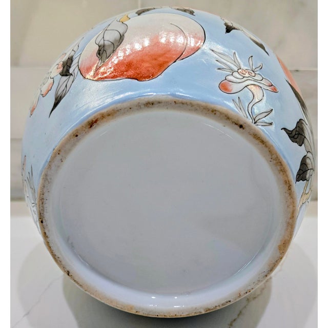 Vintage 9" Chinoiserie Powder Blue Porcelain Melon Ginger Jar - Hand-Painted Longevity Peach & Blossom Motif For Sale - Image 11 of 11