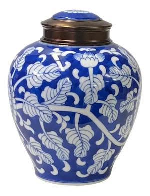 Oriental Handmade Blue White Porcelain Metal Lid Container Urn