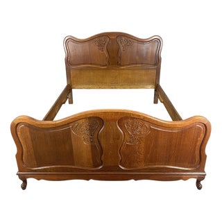 Vintage French Louis XVI Style Oak Double Bed Frame with Carved Headboard For Sale