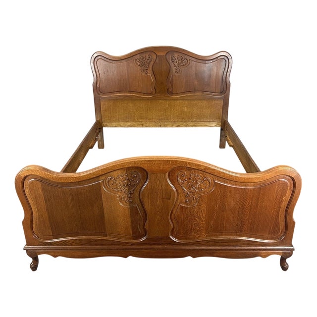 Vintage French Louis XVI Style Oak Double Bed Frame with Carved Headboard For Sale