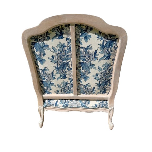 Wood Custom Blue and White Marquis Bergere Chair and Ottoman Set Upholstered in Ralph Lauren For Sale - Image 7 of 18