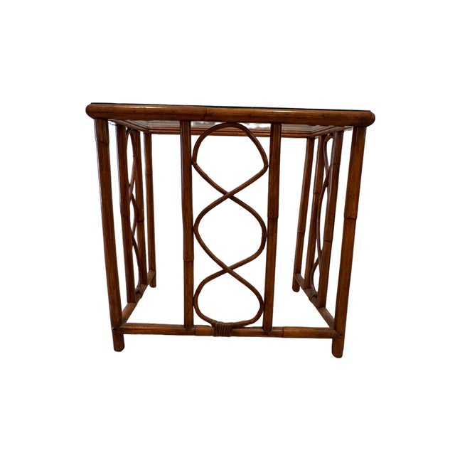 Wood Vintage Burnt Bamboo Rattan Nesting Tables With Glass Tops, Set of 3, C. 1970s For Sale - Image 7 of 17