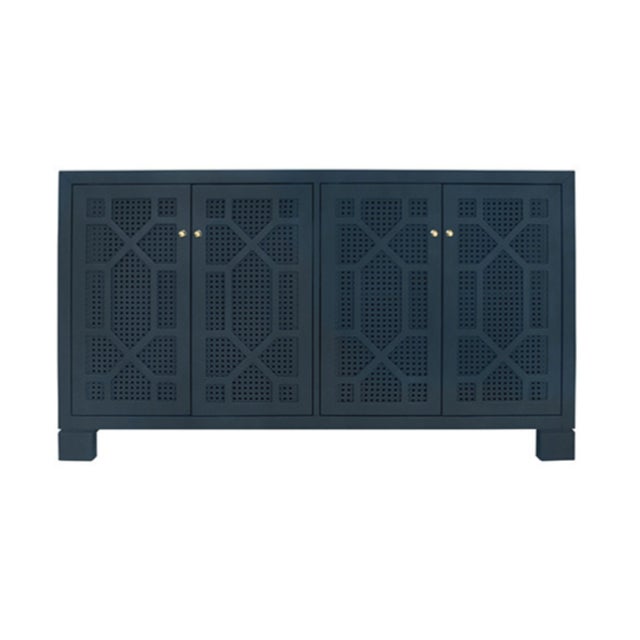 Matthew Izzo Home Claire Matte Navy Lacquer Four Door Buffet With Brass Knobs - Painted Trellis Design Cane Doors For Sale - Image 12 of 12