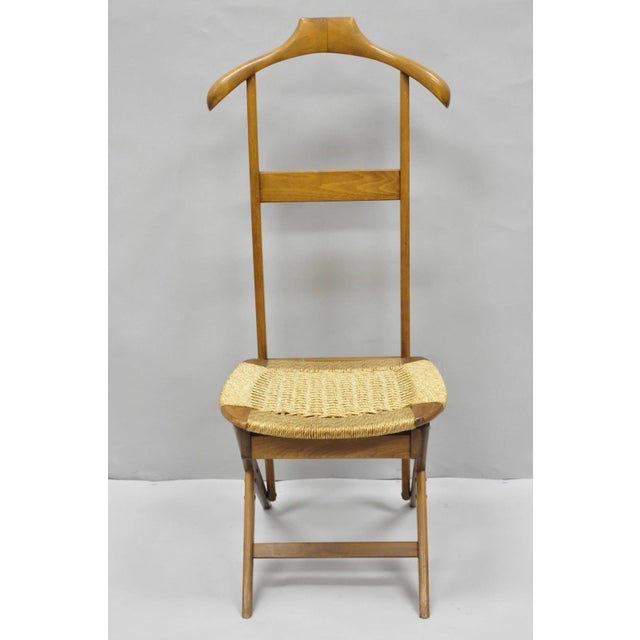 Vintage Mid Century Italian Style Modern Beech Wood Folding Clothing Valet Chair Seat with Woven Rush Seat and Lift Up...