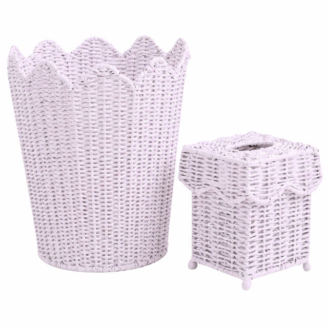 Pale Pink Scalloped Wicker Wastepaper Basket & Tissue Holder Set For Sale - Image 4 of 4
