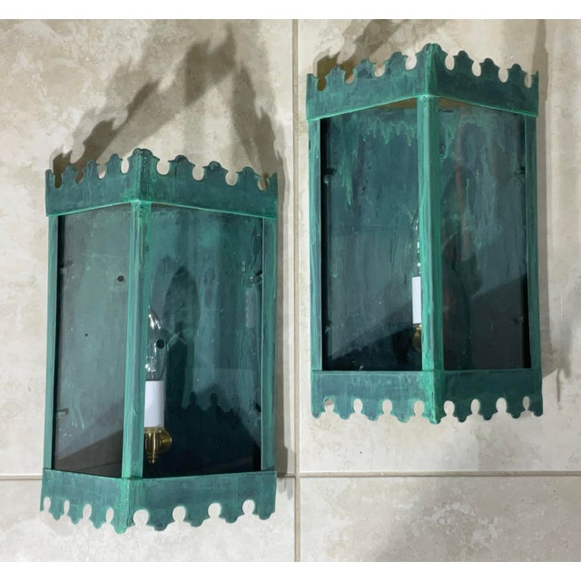 Pair of Artistic Vintage Patinated Metal Wall Lantern Sconces For Sale - Image 15 of 16