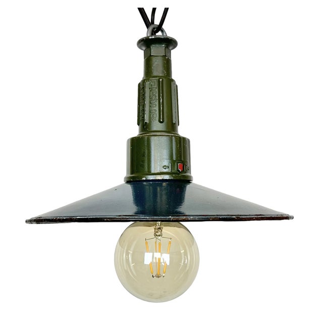 Industrial Blue Enamel Military Pendant Lamp with Cast Aluminium Top, 1960s For Sale