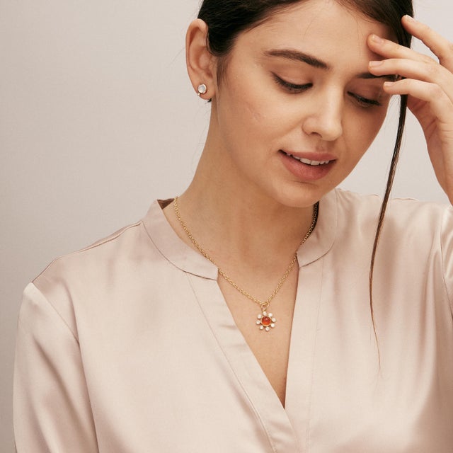 Syna Yellow Gold Orange Chalcedony Pendant with Diamonds For Sale - Image 4 of 5