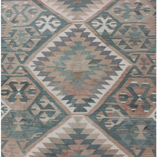 Vintage Turkish Kilim Rug in Soft Blue, Beige, and Muted Coral Geometric Design For Sale - Image 9 of 13