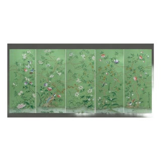 Hand Painted Green Chinoiserie Floral & Bird Mural Panels (5-Piece Set) For Sale
