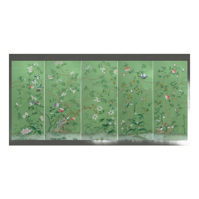 Hand Painted Green Chinoiserie Floral & Bird Mural Panels (5-Piece Set) For Sale