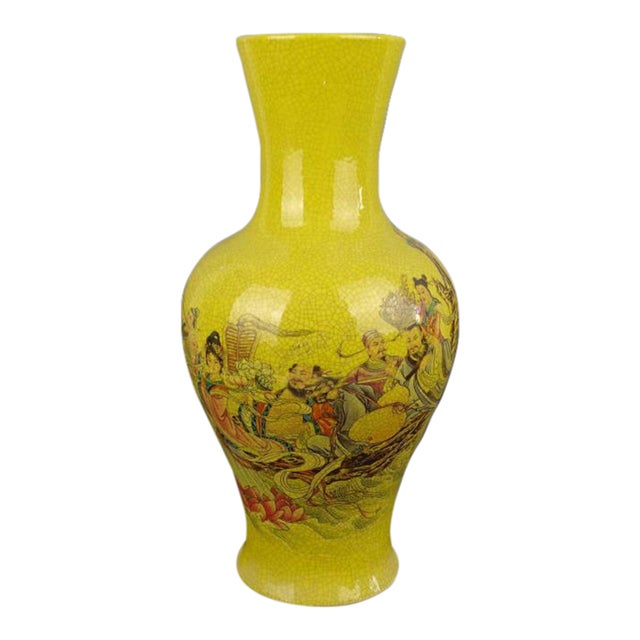 Chinese Ceramic Qing Dynasty Qianlong Marked Yellow Ground Crackle Glaze Porcelain Vase Hand Painted Eight Immortals Pattern For Sale