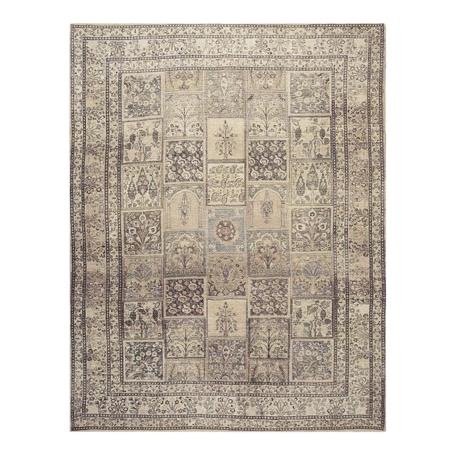 1750s Beige Antique Khorassan Moud Garden Design Distressed Shabby Chic Rug 8' 7"x 12' 9" For Sale