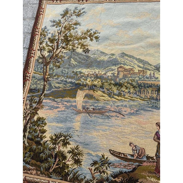 Vintage French By The Lake Jacquard Tapestry in the style of Aubusson, 1970s For Sale - Image 4 of 18