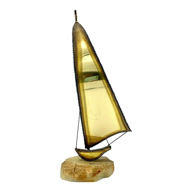 1970s Mid-Century Modern Tall Brass Copper and Onyx Sailboat Nautical or Maritime Sculpture, Demott For Sale