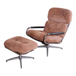 Milo Baughman for Directional Chrome and Suede Swivel Lounge Chair and Ottoman For Sale