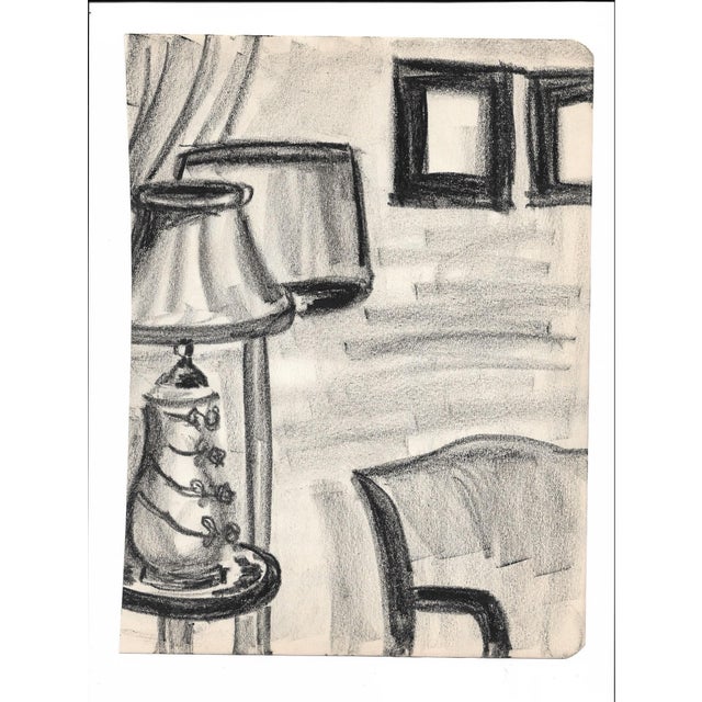 1950s MCM lamps and furniture drawing by artist Virginia Spencer from a sketchbook of San Francisco scenes. Unsigned....
