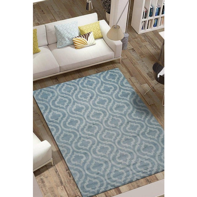 Textile 8x10 Blue Hand-Knotted Wool Latticed Quatrefoil Geometric Modern Carpet Rug For Sale - Image 7 of 7