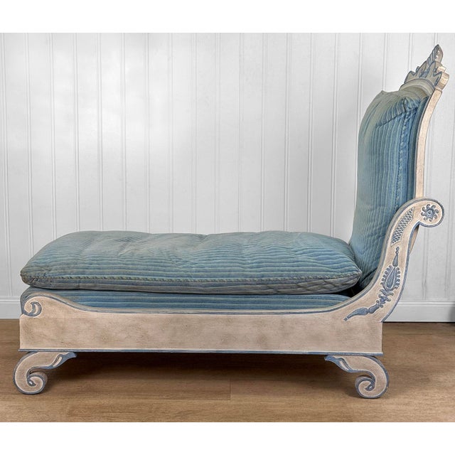 Traditional Vintage French Empire Style Blue Upholstered Chaise Lounge For Sale - Image 3 of 12