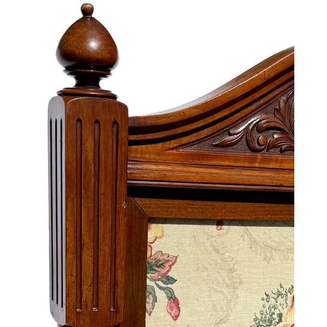 Mid 20th Century Vintage English Carved Wood Fire Screen With Floral Tapestry Panel For Sale - Image 5 of 9
