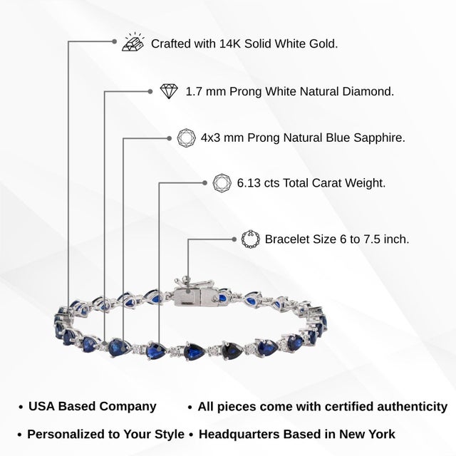 Mexican Style 6.13ct Natural Blue Sapphire & Diamond Pear Cut Tennis Bracelet for Her For Sale - Image 13 of 18