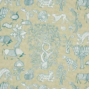 Schumacher Animalia Fabric in Peacock & Leaf