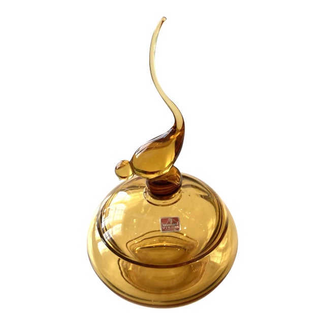 Vintage 1960s Viking Tailed Bird Candy Jar in Amber For Sale