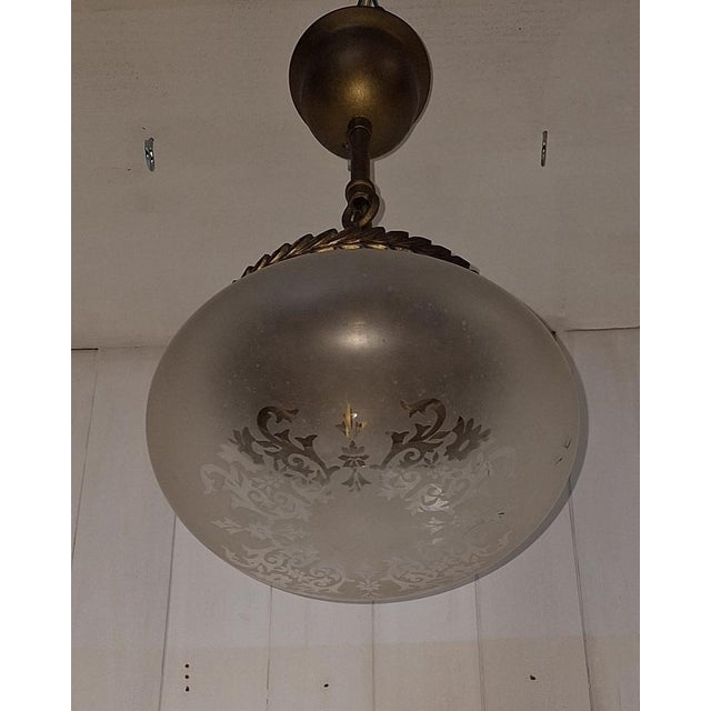French Pendant Lamp with Metal Mounting and Decorated Glass Shade, 1930s For Sale - Image 6 of 7