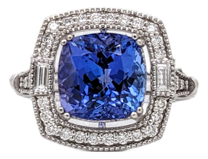4Ct Tanzanite Ring With Natural Diamonds & Milgrain Detail in Solid 14k Gold, Size 6.75