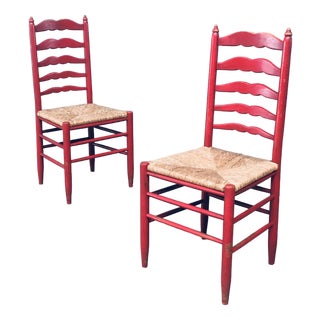 Set of Rustic Red High Ladder Back Wood & Rush Chair Set, 1930s For Sale
