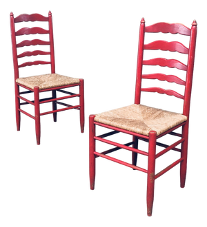Set of Rustic Red High Ladder Back Wood & Rush Chair Set, 1930s