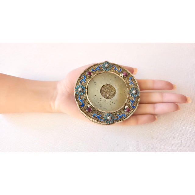 Vintage Chinese Hetian Jade Disc Bi in Silver Enamel Frame With Rubies and Pearl For Sale - Image 9 of 9