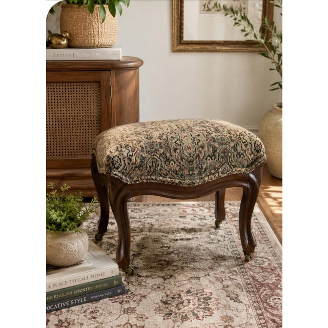 Vintage Tapestry Footstool Ottoman With Cabriole Legs & Brass Casters For Sale - Image 9 of 9