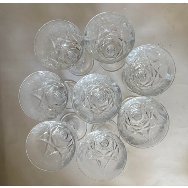 Vintage Faceted Crystal Goblets, Hostess Set of 8, Geometric Cut Stemware, Elegant Wine Glasses, Hollywood Regency Barware For Sale - Image 9 of 9