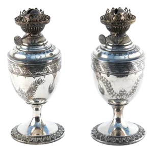 Small Antique Silver Plated Oil Lamps, 1860, Set of 2