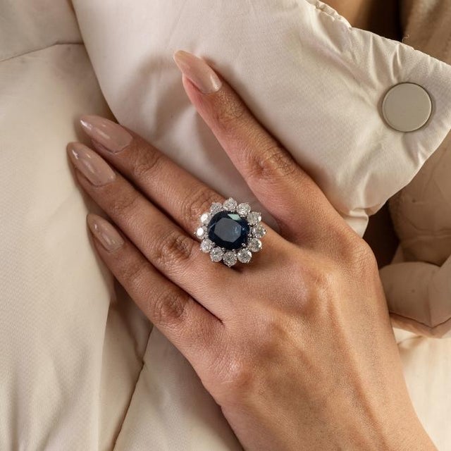 8.21ctw Deep Royal Sapphire Princess Diana Diamond Cocktail Ring in 18k White Gold Size 5.5 For Sale - Image 9 of 15