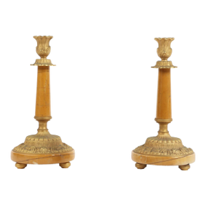 Pair of Antique French Gilt Bronze Mounted Siena Marble Candlesticks