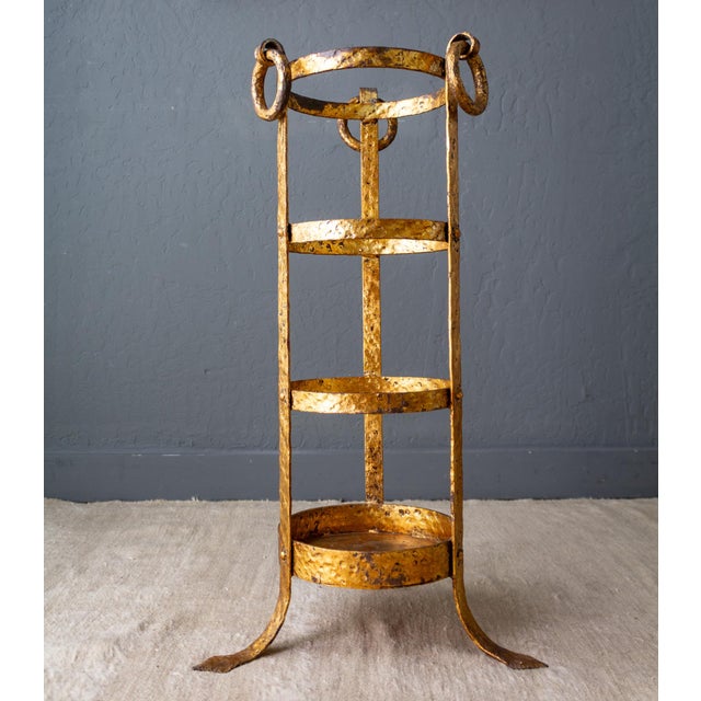 Neoclassical Umbrella Stand of Gilded and Hammered Iron on Footed Base For Sale - Image 10 of 18